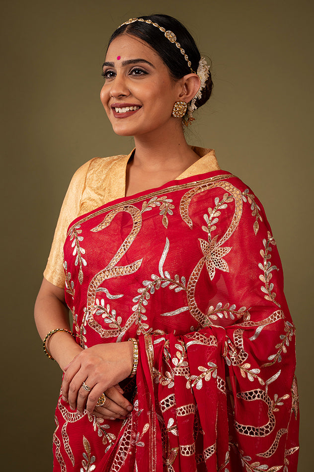 red pure chiffon aari cut work jaal handwork saree