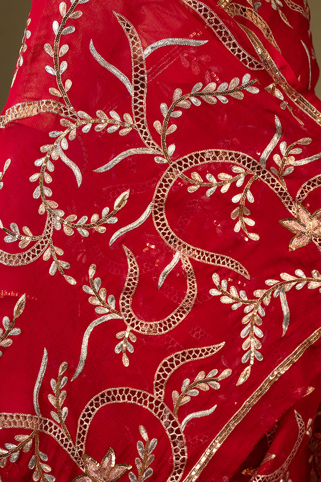 red pure chiffon aari cut work jaal handwork saree