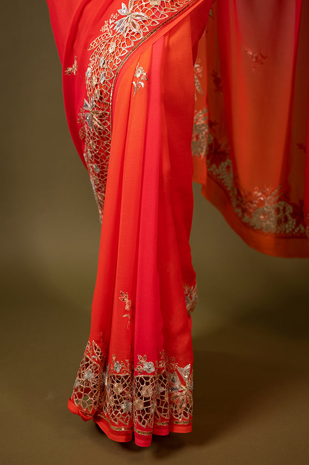 Orange light dark pure chiffon cut work border butti handwork saree