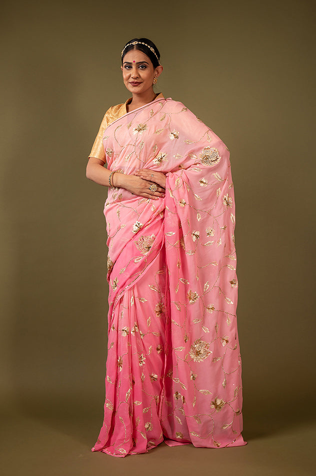 Pink light dark pure chiffon aari sequins jaal handwork saree