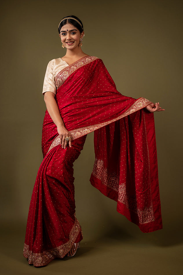 Royal red pure silk Satin gota patti  handwork saree