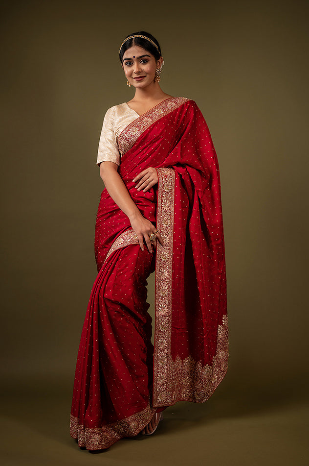 Royal red pure silk Satin gota patti  handwork saree