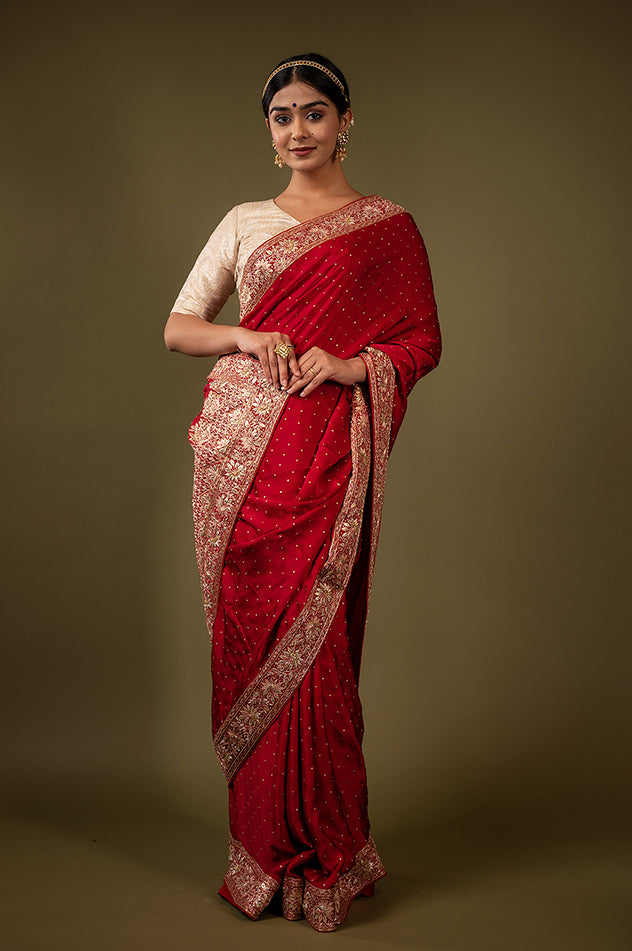 Royal red pure silk Satin gota patti  handwork saree