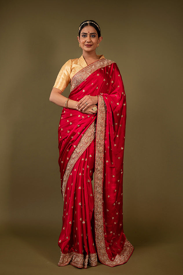 Red pure silk Satin zardozi border butti handwork saree
