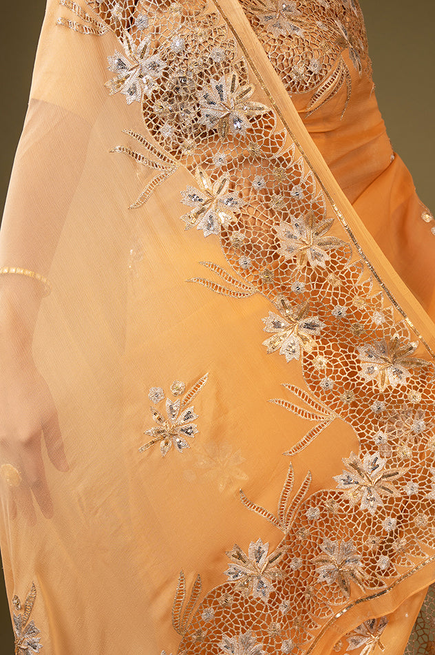 Peach pure chiffon cut work border butti handwork saree