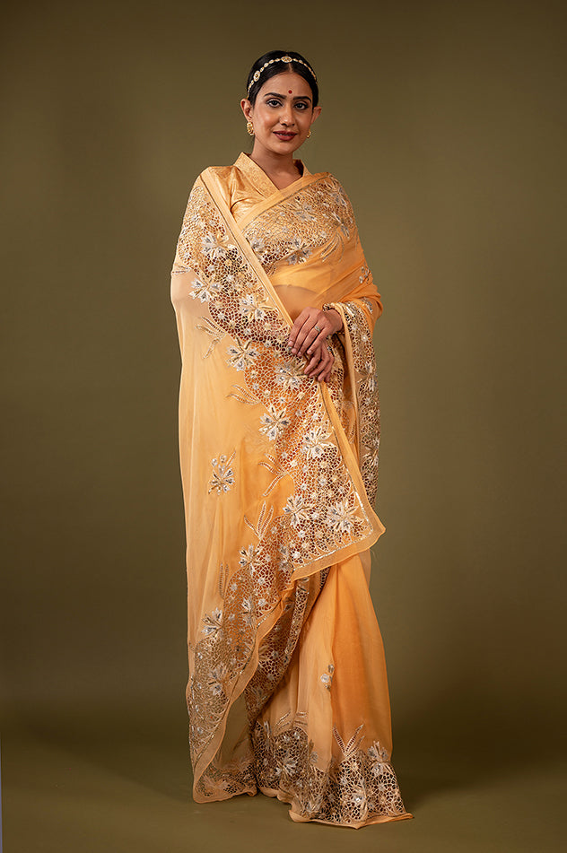 Peach pure chiffon cut work border butti handwork saree