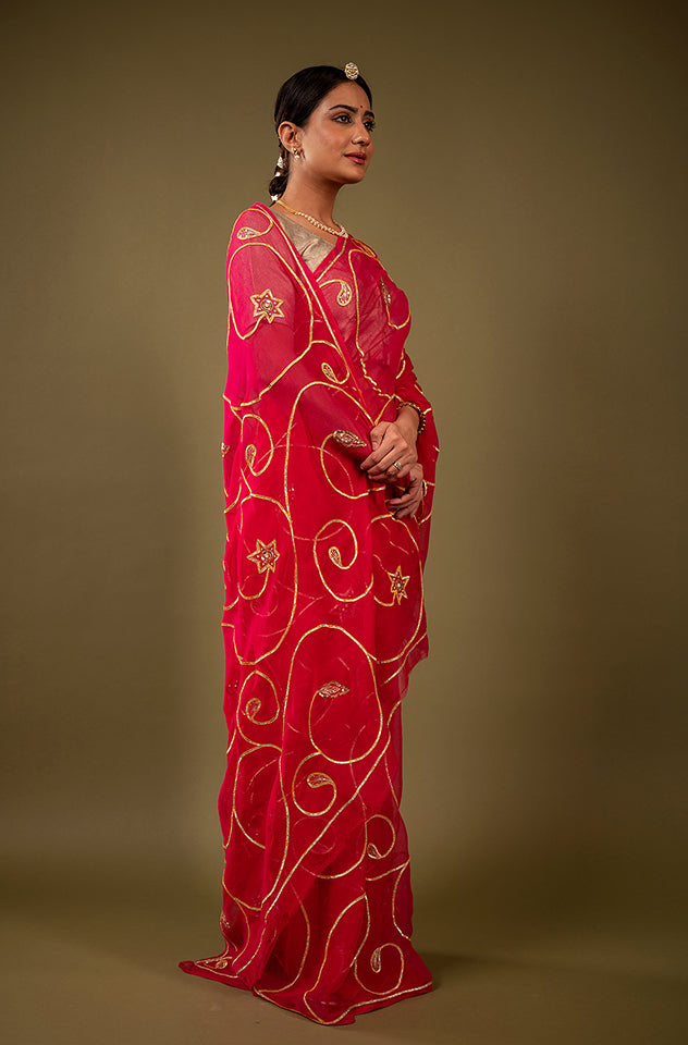 Red viscose chiffon sikhiya gota jaal handwork saree