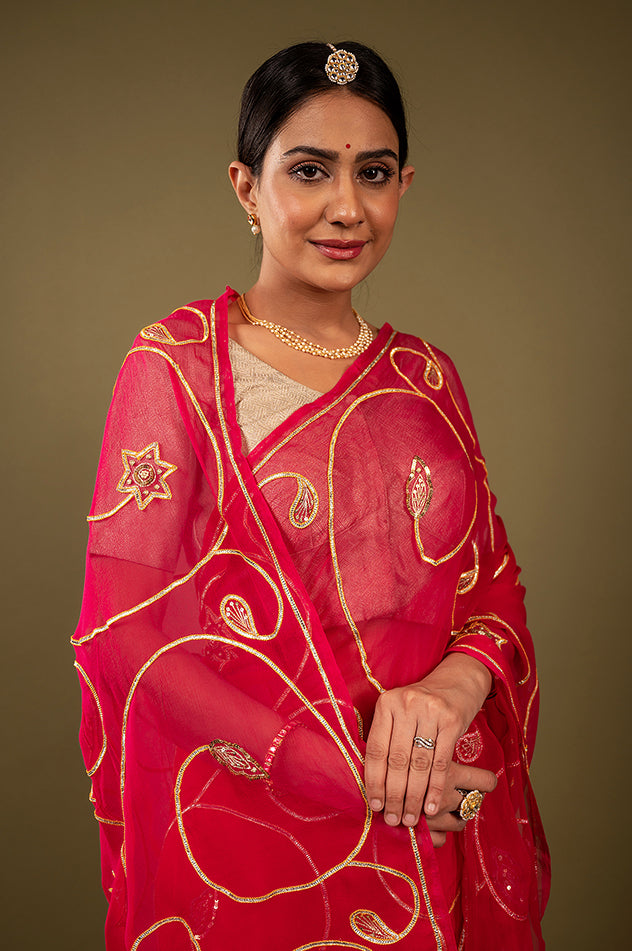 Red viscose chiffon sikhiya gota jaal handwork saree