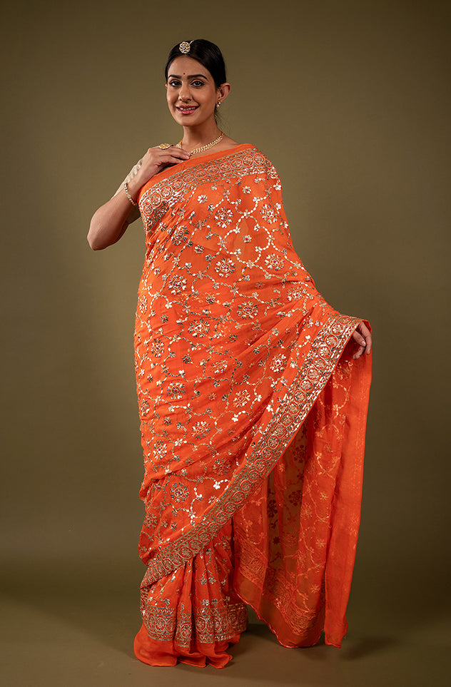 orange pure chiffon sikhiya gota patti border butti jaal handwork saree