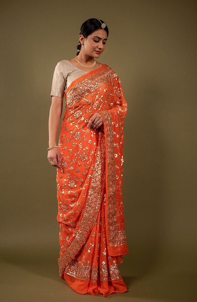 orange pure chiffon sikhiya gota patti border butti jaal handwork saree