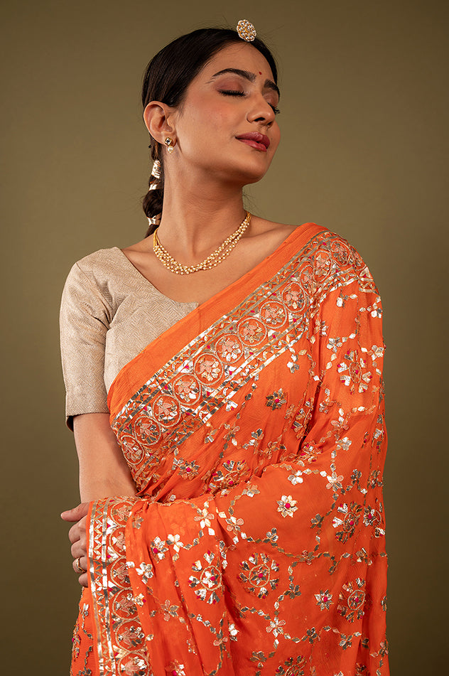 orange pure chiffon sikhiya gota patti border butti jaal handwork saree