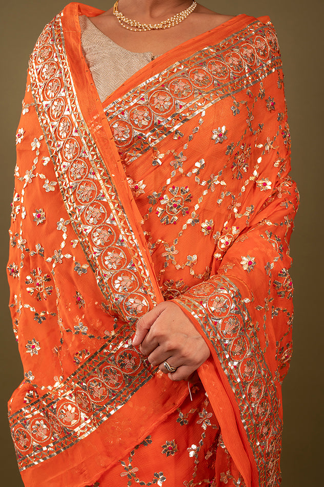 orange pure chiffon sikhiya gota patti border butti jaal handwork saree