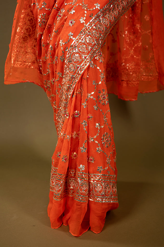 orange pure chiffon sikhiya gota patti border butti jaal handwork saree