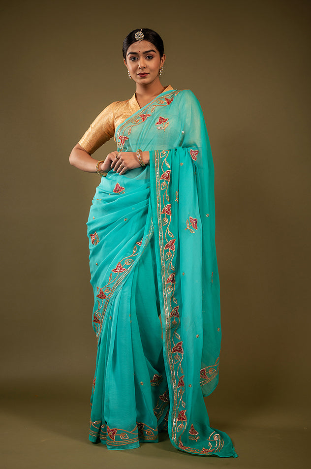 Sky blue viscose chiffon sikhiya gota pech  handwork saree