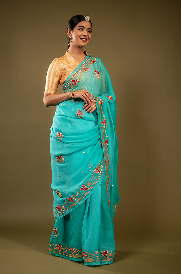 Sky blue viscose chiffon sikhiya gota pech  handwork saree