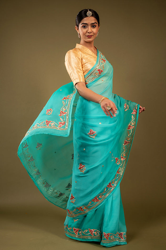 Sky blue viscose chiffon sikhiya gota pech  handwork saree
