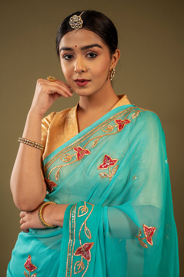 Sky blue viscose chiffon sikhiya gota pech  handwork saree