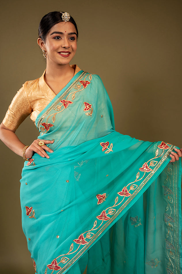 Sky blue viscose chiffon sikhiya gota pech  handwork saree