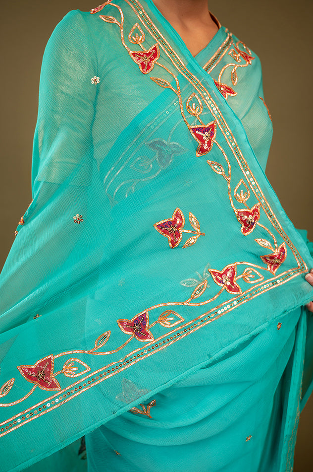 Sky blue viscose chiffon sikhiya gota pech  handwork saree