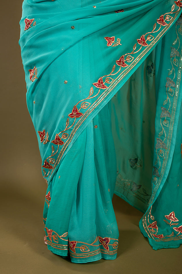 Sky blue viscose chiffon sikhiya gota pech  handwork saree