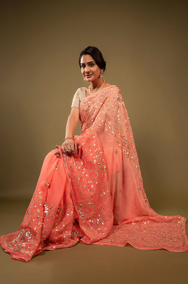 peach pure chiffon gota patti jaal handwork saree