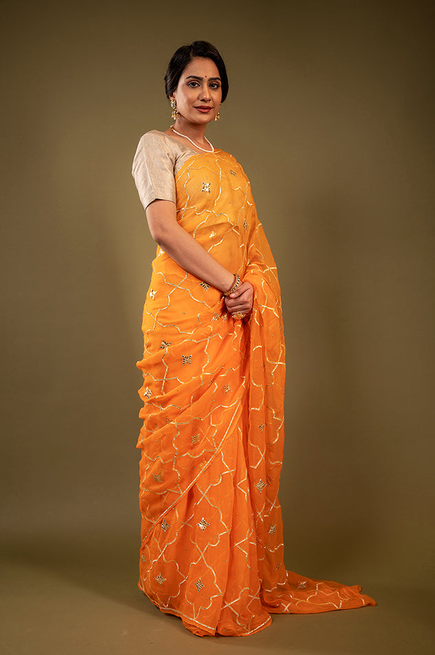 peach viscose chiffon gota patti jaal handwork saree