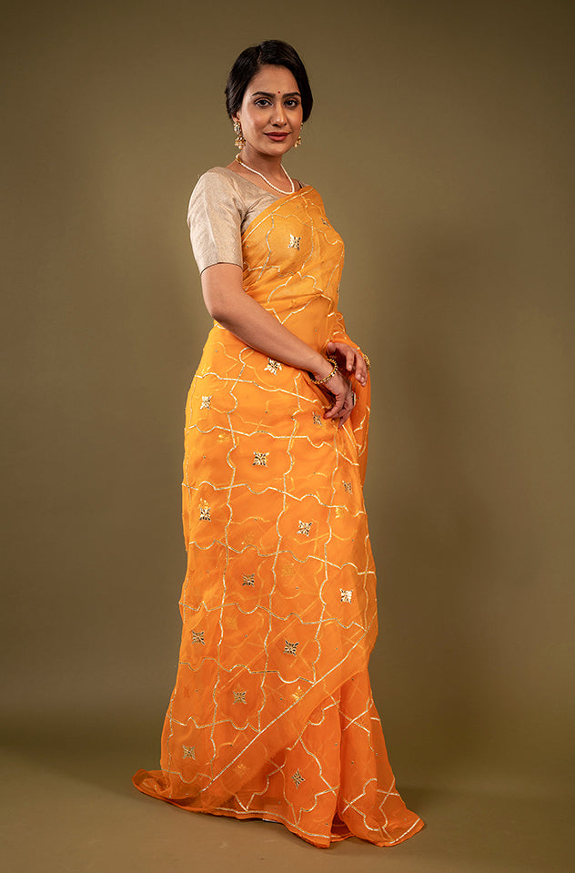 peach viscose chiffon gota patti jaal handwork saree