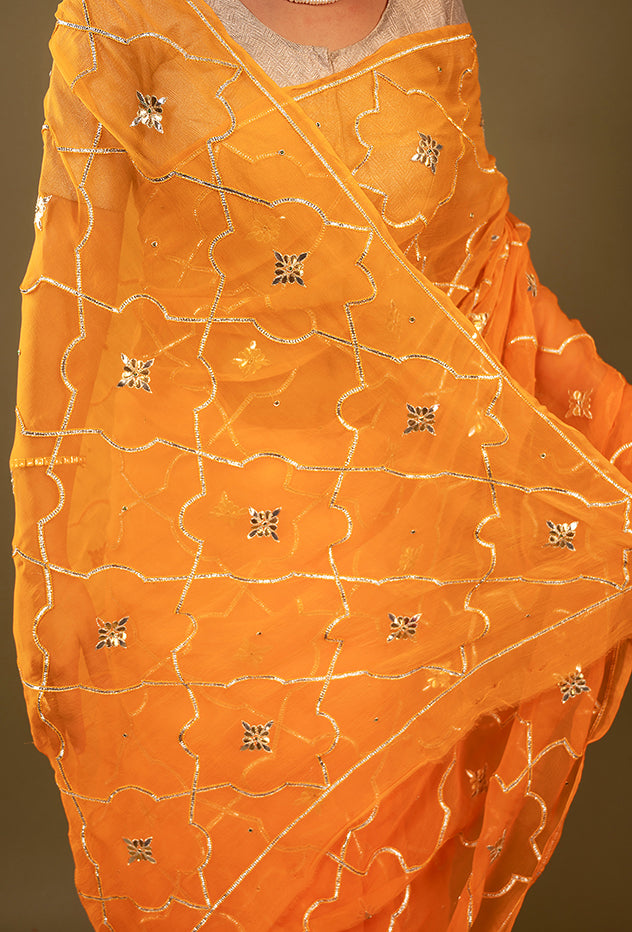 peach viscose chiffon gota patti jaal handwork saree
