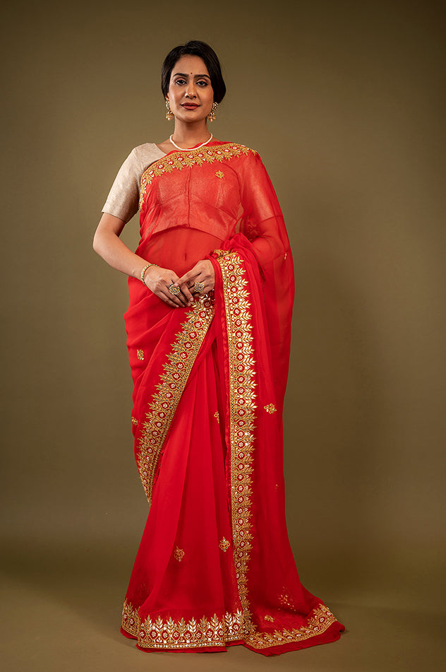 red viscose chiffon gota patti border butti handwork saree