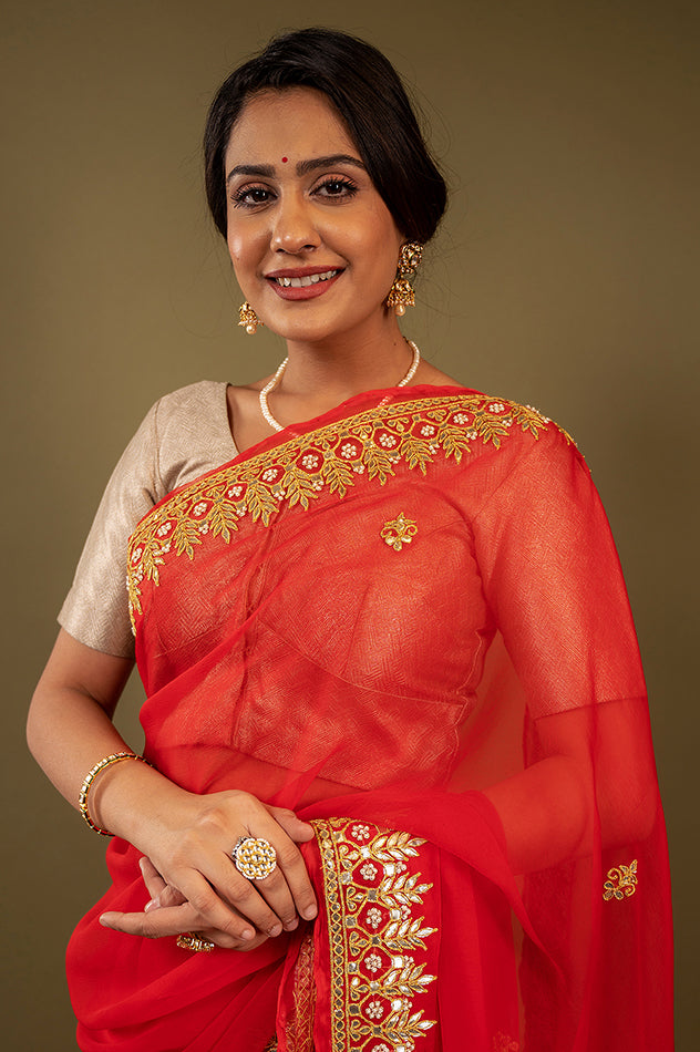 red viscose chiffon gota patti border butti handwork saree