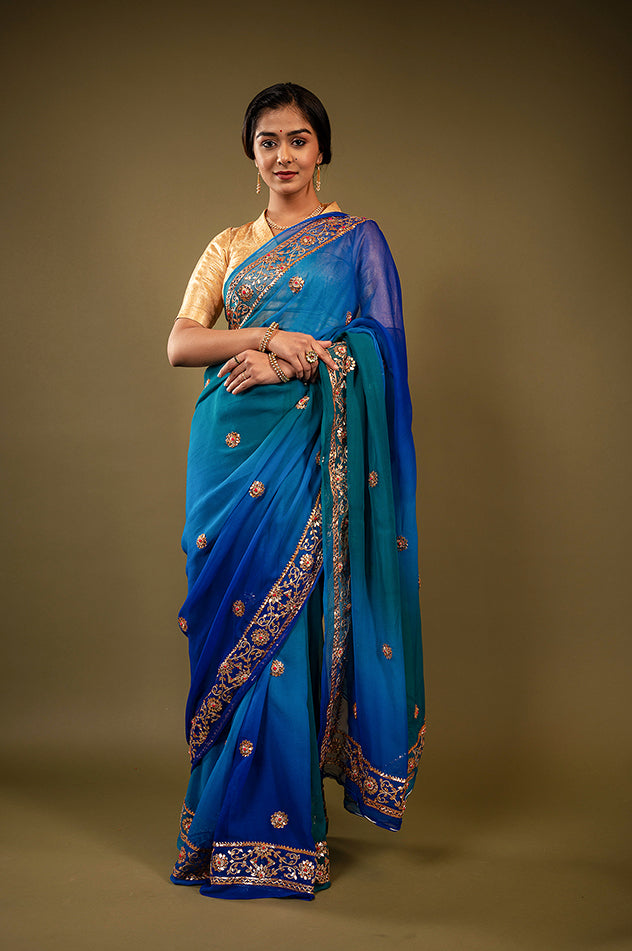 peacock shade pure chiffon gota patti border butti handwork saree