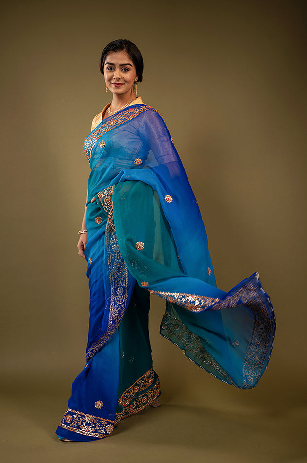peacock shade pure chiffon gota patti border butti handwork saree