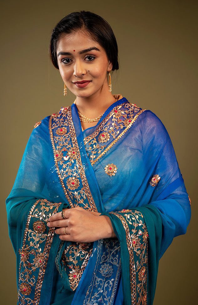 peacock shade pure chiffon gota patti border butti handwork saree