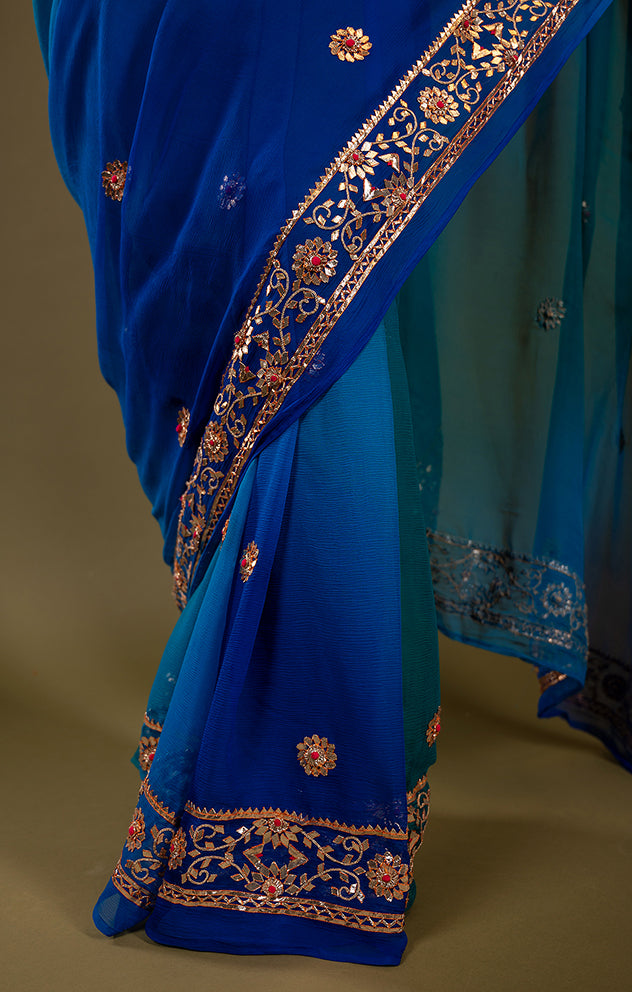 peacock shade pure chiffon gota patti border butti handwork saree