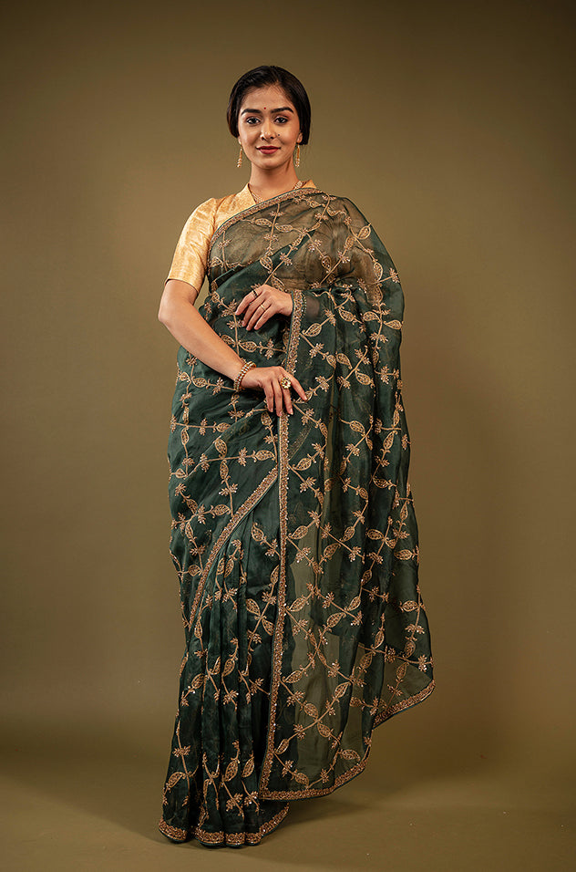 green organza  zardozi jaal handwork saree