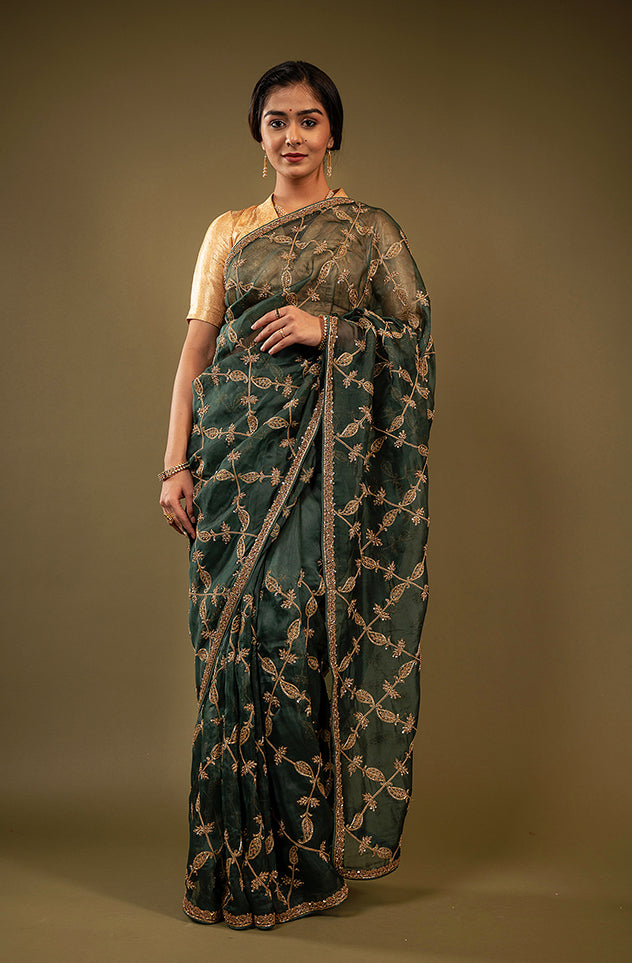 green organza  zardozi jaal handwork saree