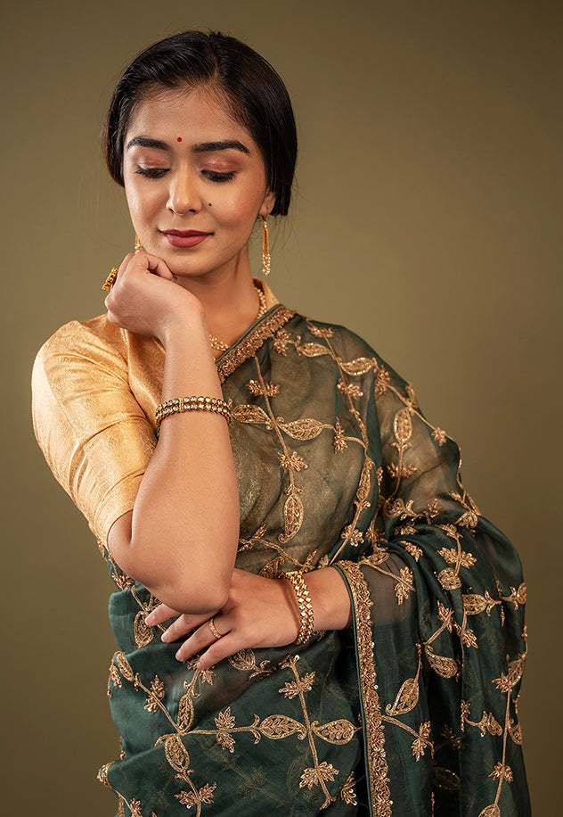 green organza  zardozi jaal handwork saree