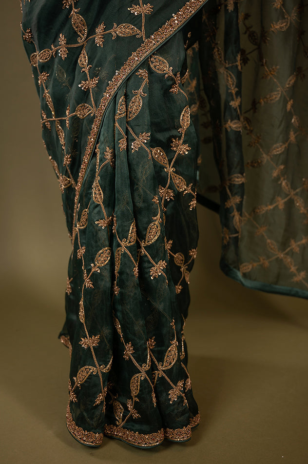 green organza  zardozi jaal handwork saree