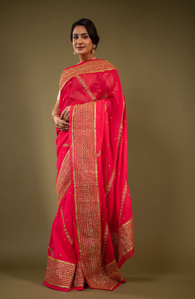 Gajri pure chiffon sikhiya gota border butti handwork saree