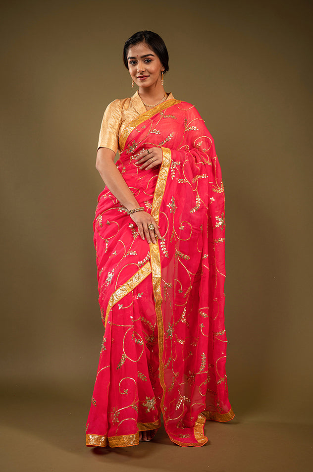 Gajri Pure Chiffon laffi border sikhiya modi pati jaal handwork saree