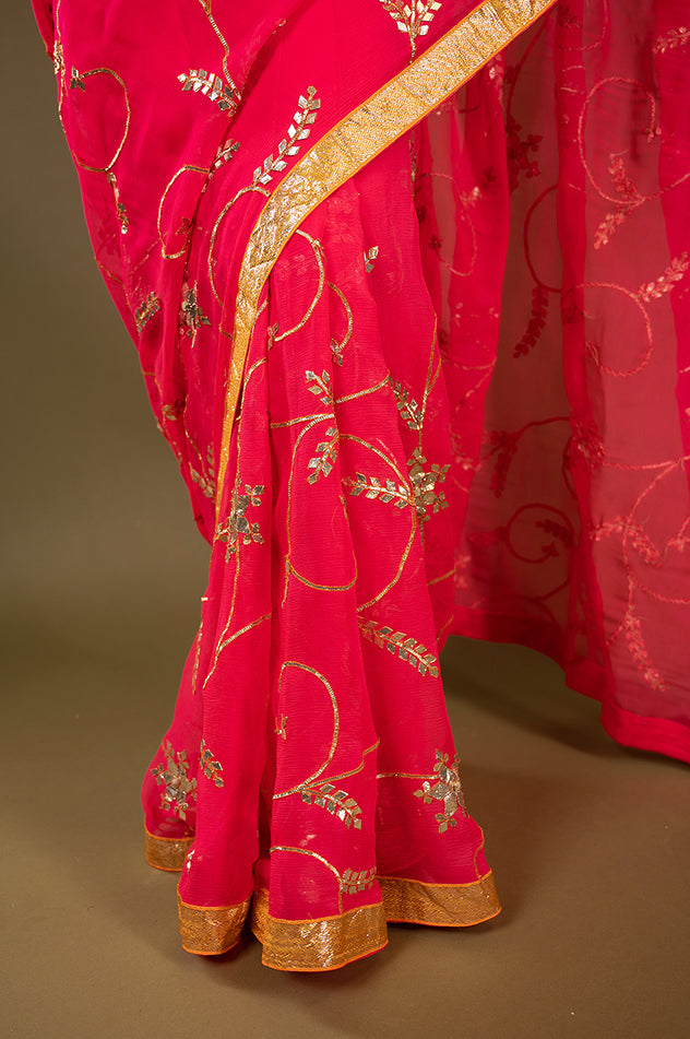 Gajri Pure Chiffon laffi border sikhiya modi pati jaal handwork saree