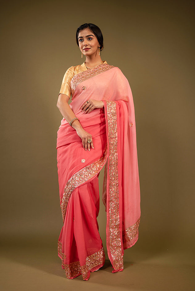 Gajri Light dark pure chiffon Gota patti   handwork saree