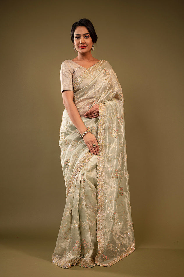 mint Tissue organza aari tari zardozi handwork saree