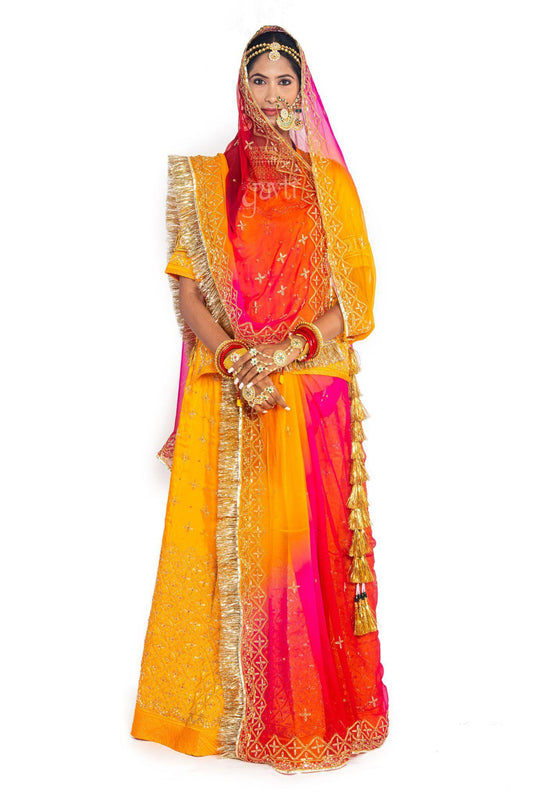 Yellow Zardosi Poshak With Multicolor Odhana - Yuvti