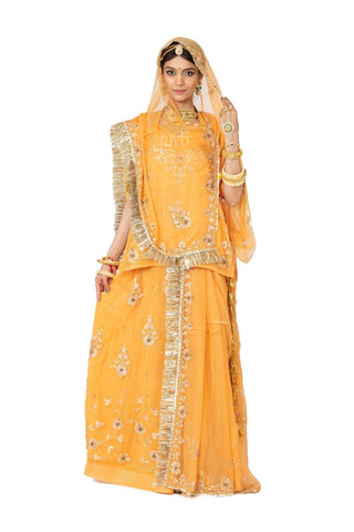 Mustard Yellow Aari Resham Katori Rajputi Poshak - Yuvti