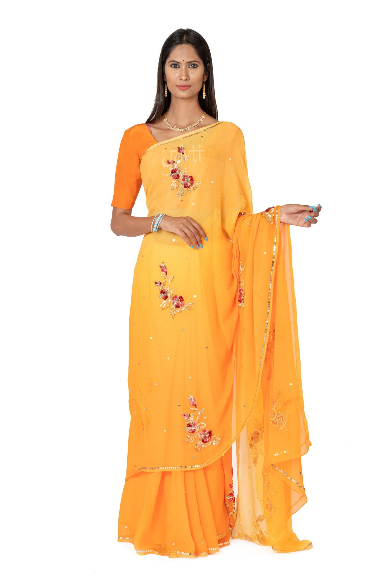 Yelow Shaded Viscose Chiffon All over Sequnce Motif  Handwork Party wear Saree