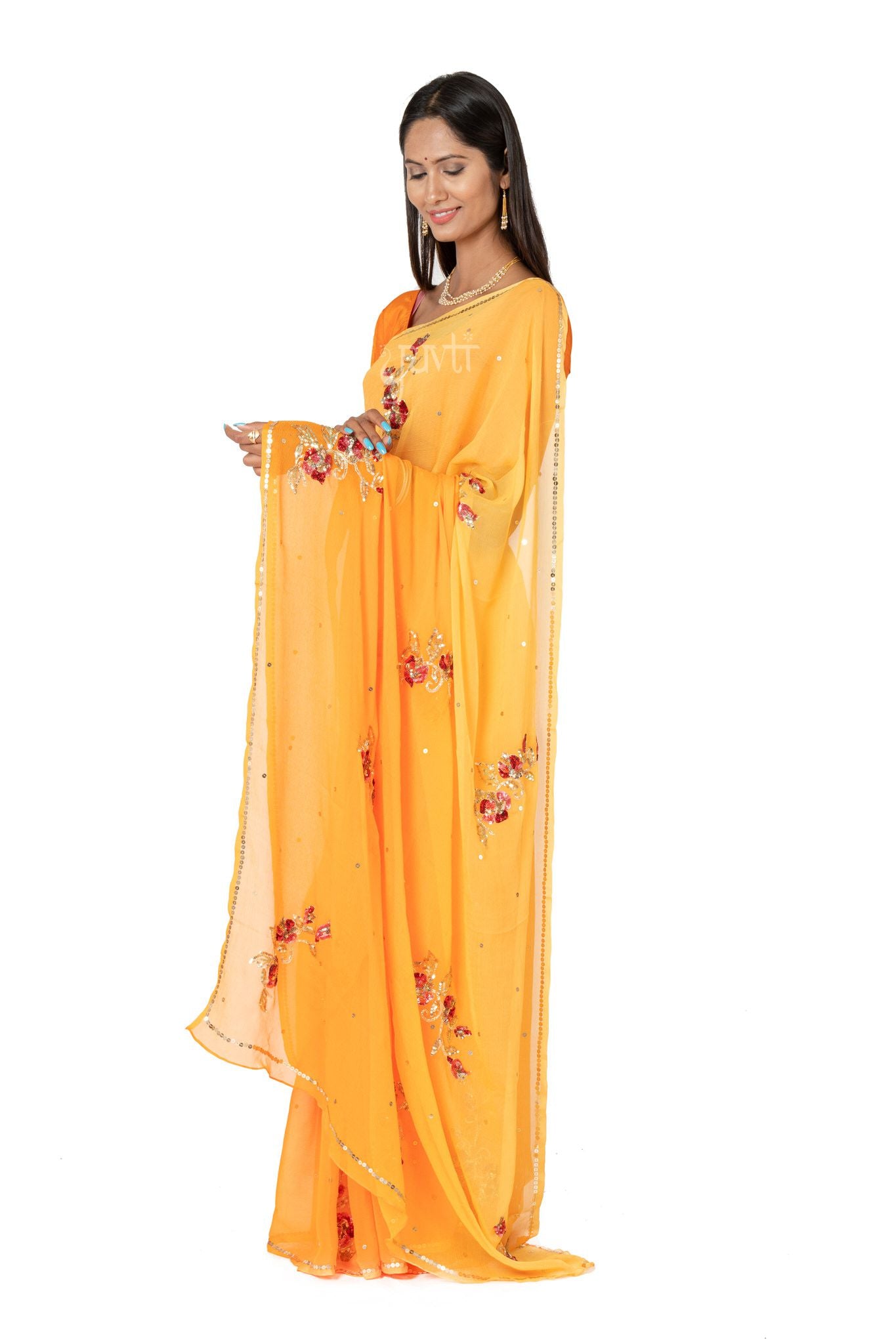 Yelow Shaded Viscose Chiffon All over Sequnce Motif  Handwork Party wear Saree