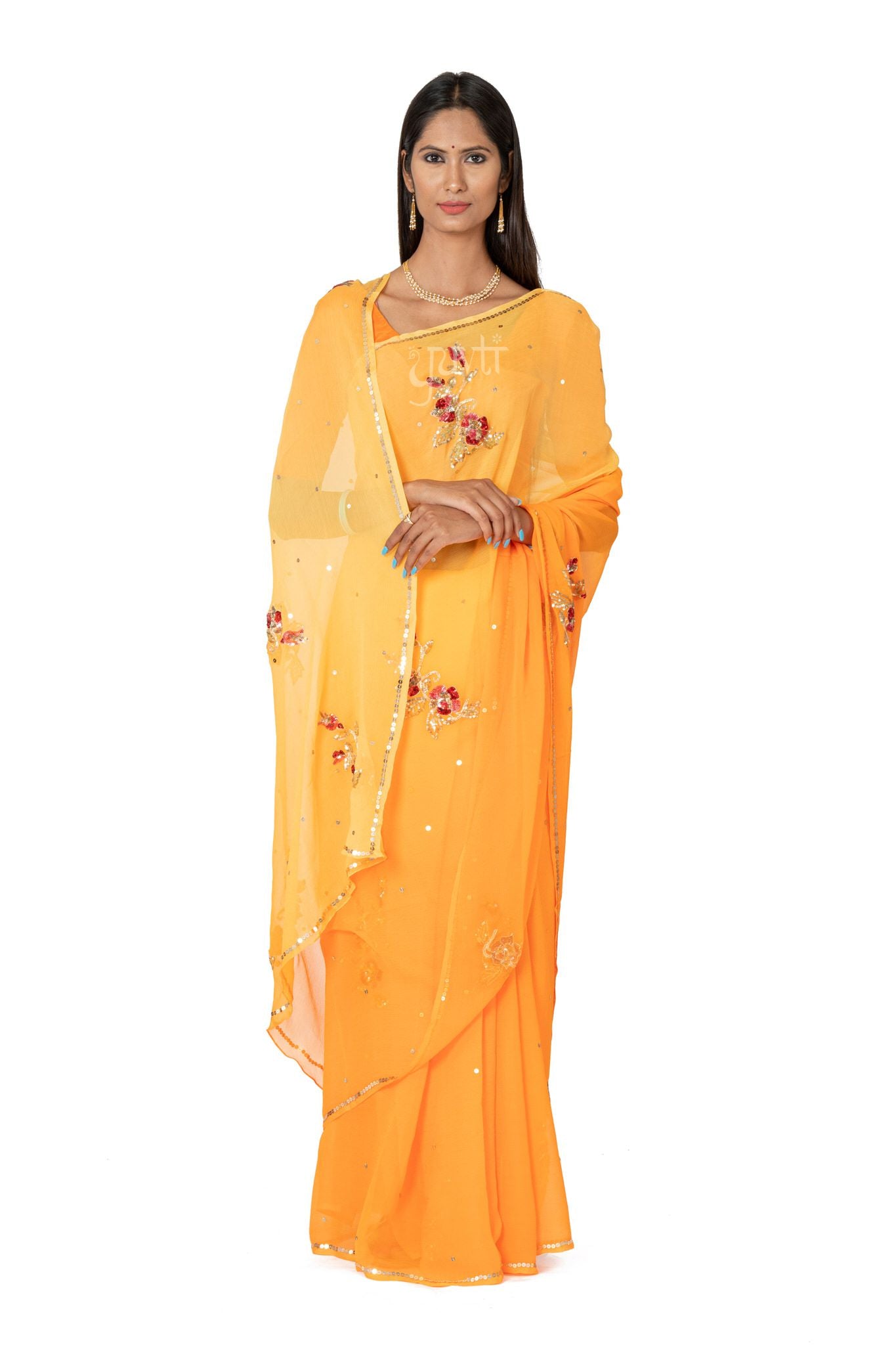 Yelow Shaded Viscose Chiffon All over Sequnce Motif  Handwork Party wear Saree