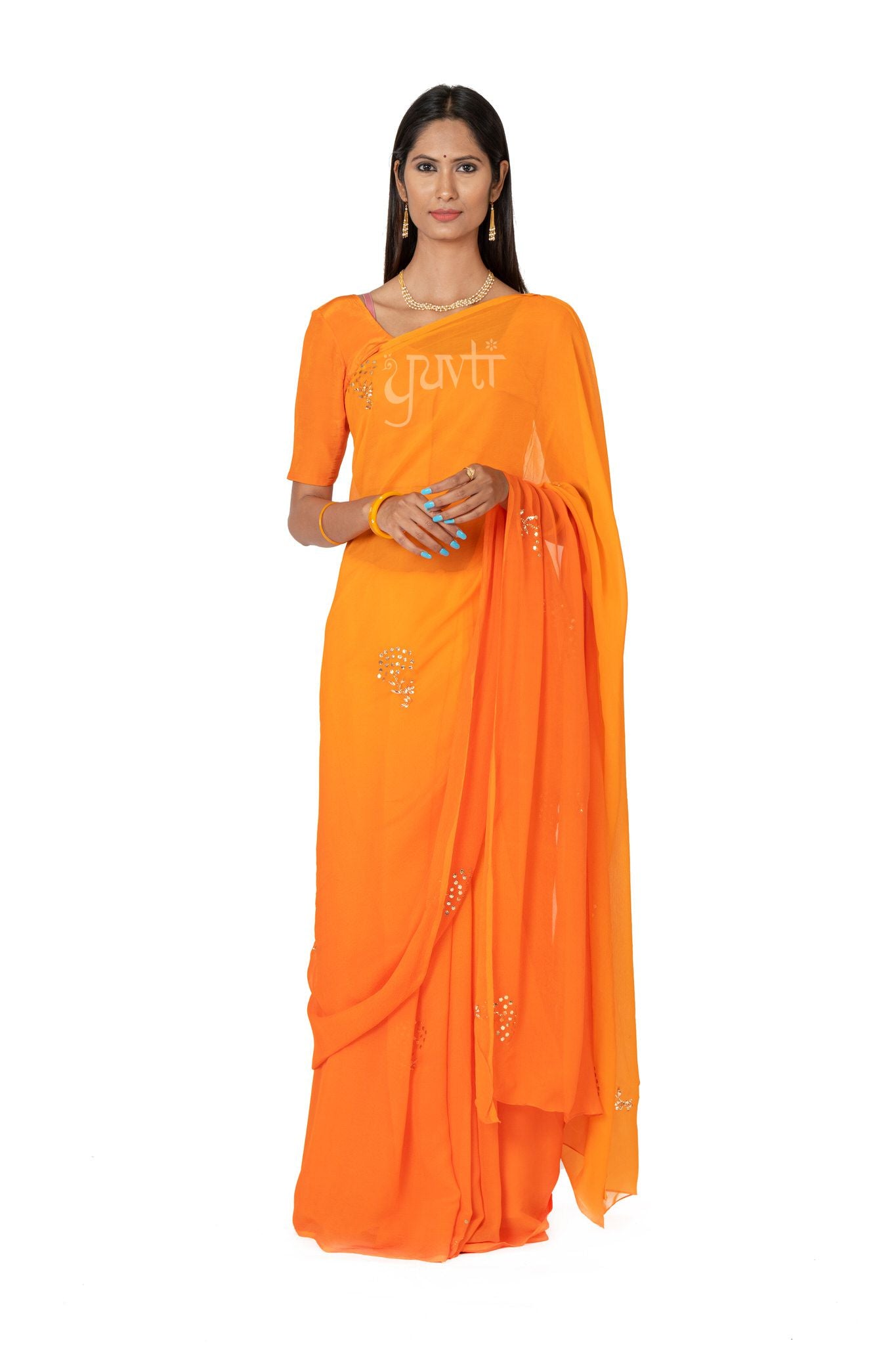 Orange Shaded Pure Chiffon Mukesh Work Motif Handwork Saree