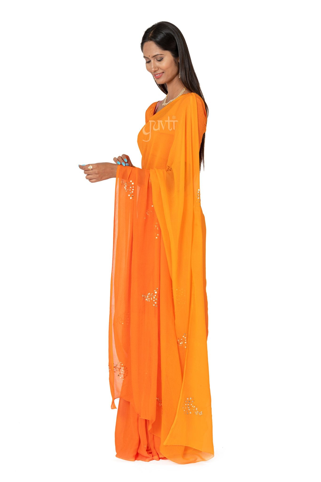 Orange Shaded Pure Chiffon Mukesh Work Motif Handwork Saree